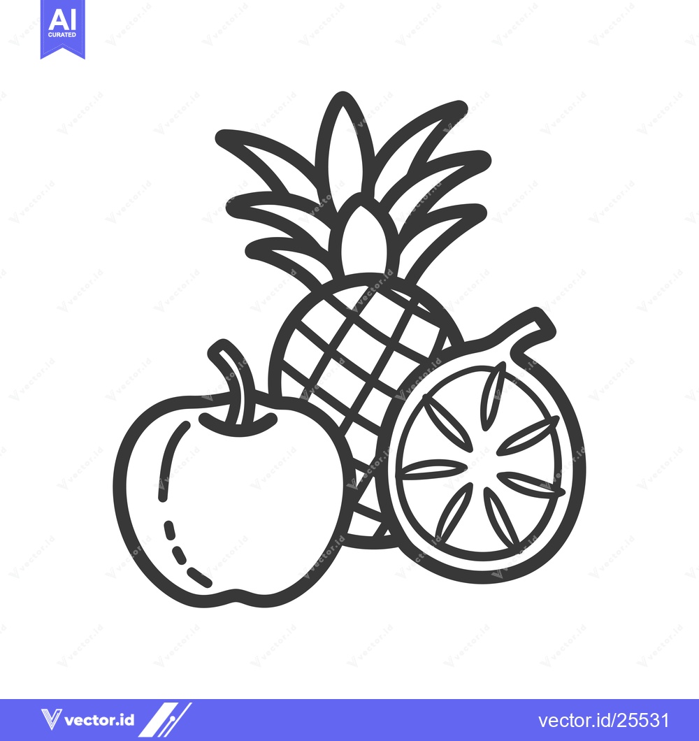 Premium Vector dari Black and White Line Drawing of a Pineapple, Apple, and Orange Slice