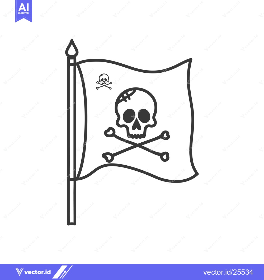 Premium Vector dari Black and White Line Drawing of a Pirate Flag with Skull and Crossbone