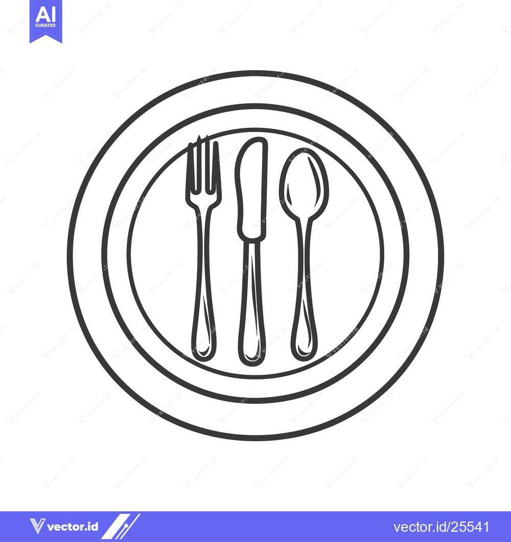 Premium Vector dari Black and white line drawing of a plate, fork, knife and spoon