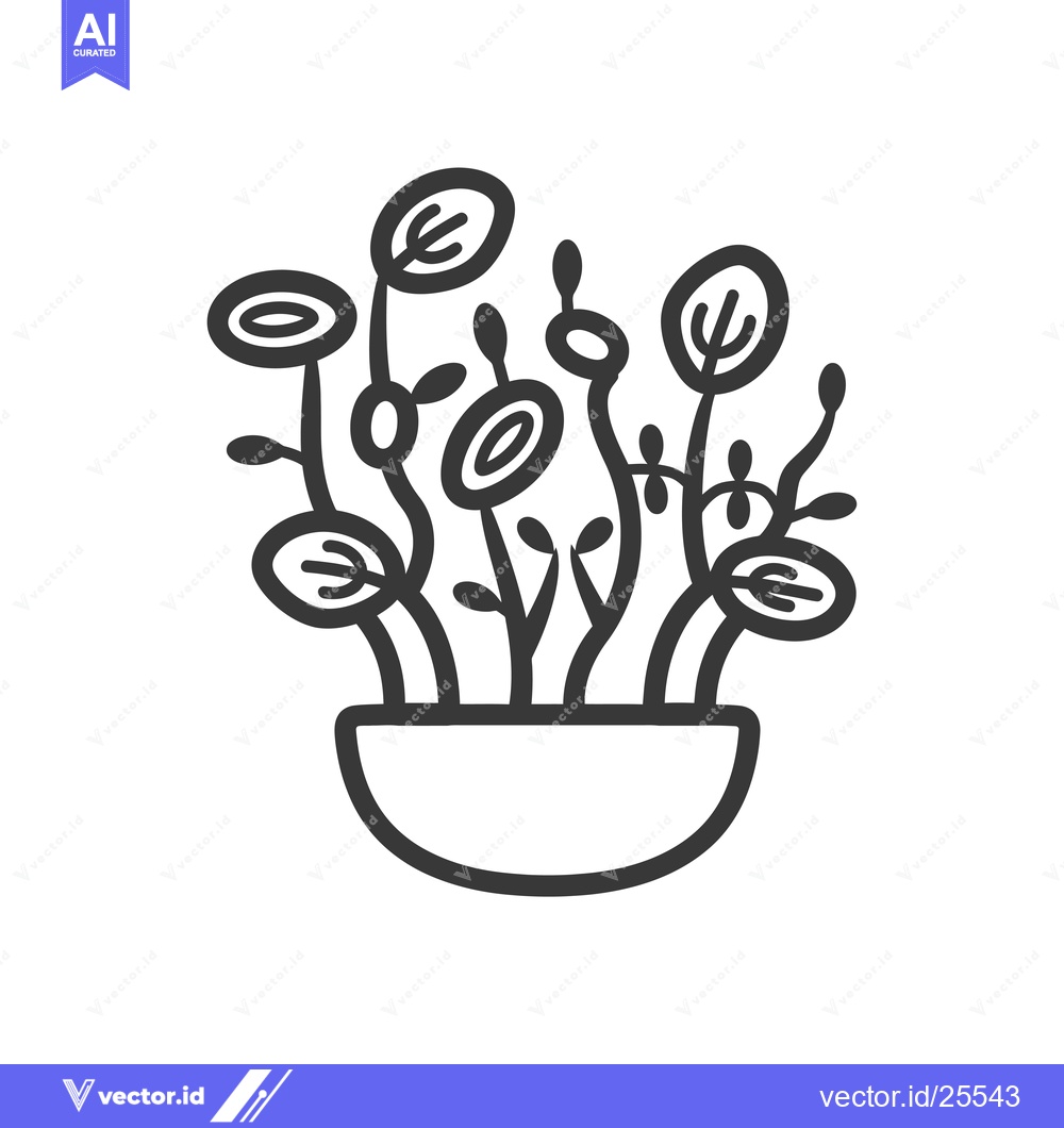 Premium Vector of Black and White Line Drawing of a Potted Plant with Abstract Flowers
