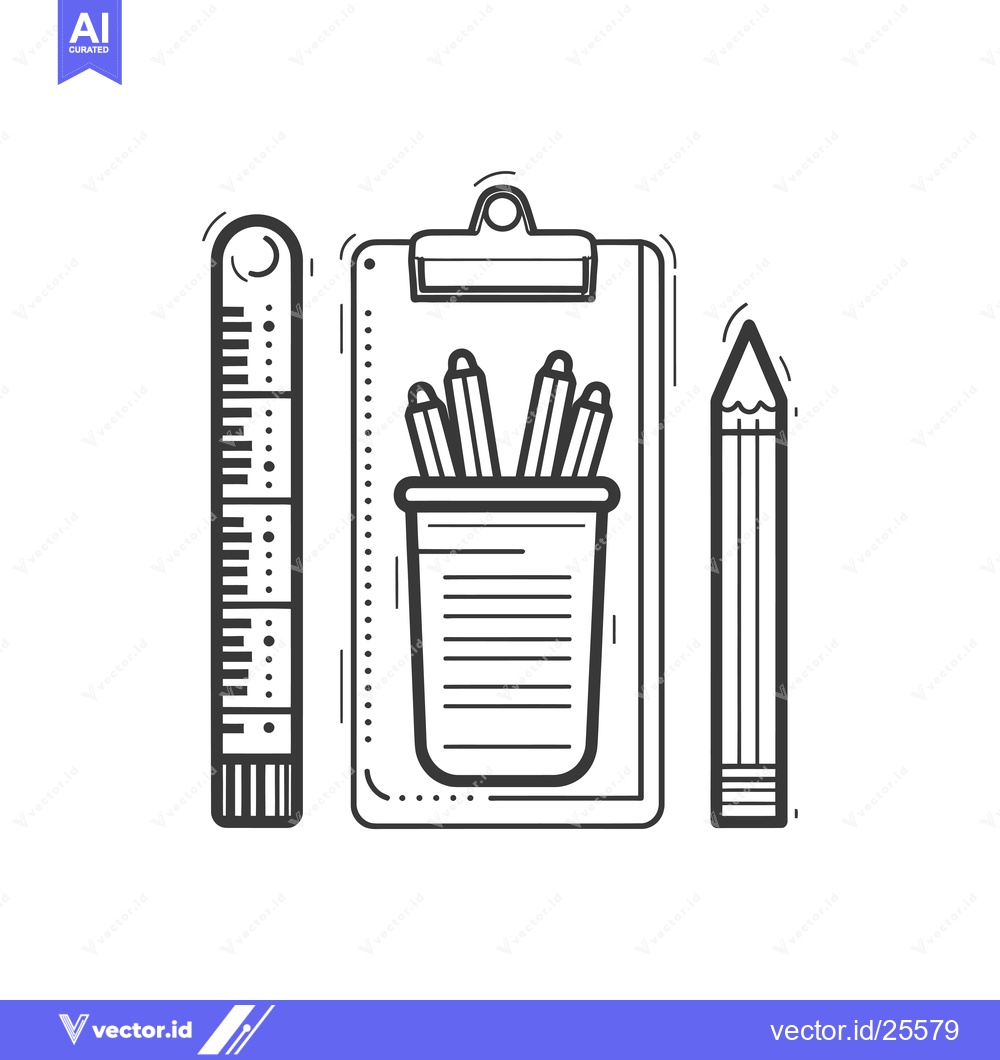 Premium Vector dari Black and White Line Drawing of a Ruler, Clipboard, and Pencil