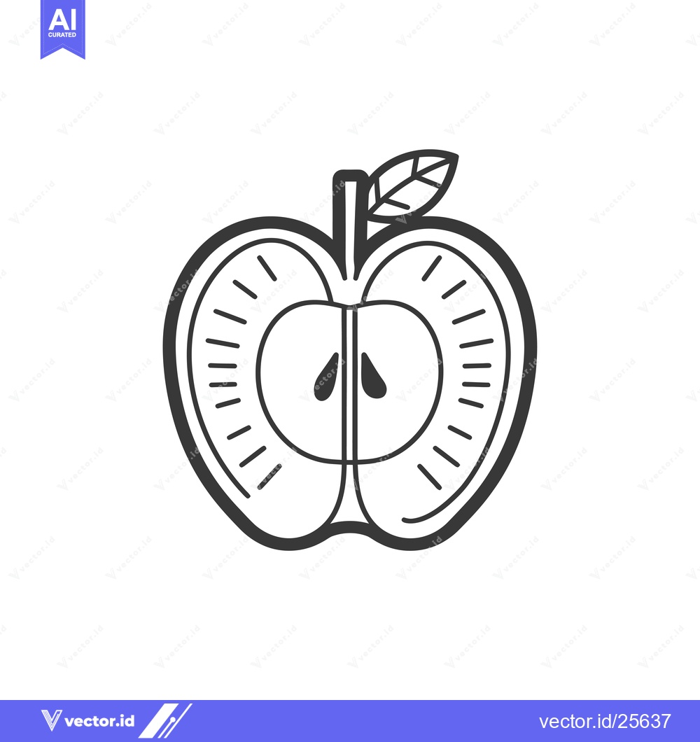 Premium Vector dari Black and White Line Drawing of a Sliced Apple with a Leaf