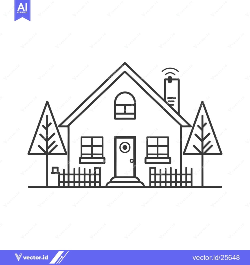 Premium Vector of Black and White Line Drawing of a Smart Home with Trees and Fences