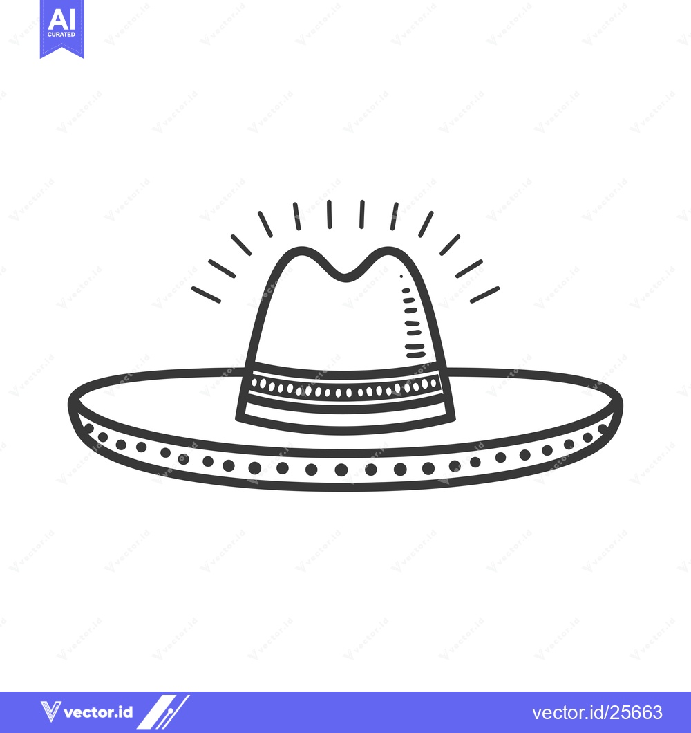 Premium Vector dari Black and white line drawing of a sombrero hat with a sunburst above i