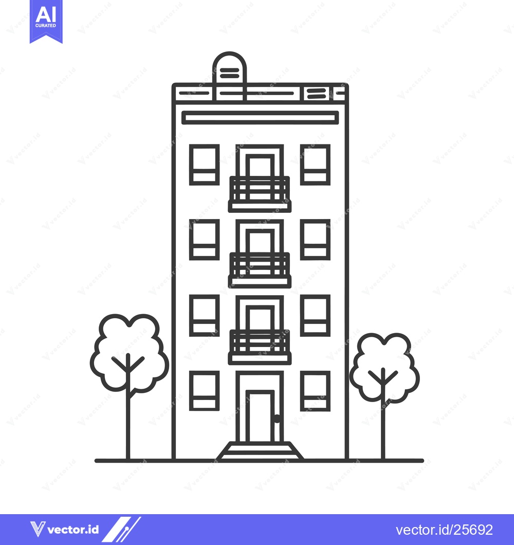 Premium Vector of Black and White Line Drawing of a Three-Story Building with Two Trees