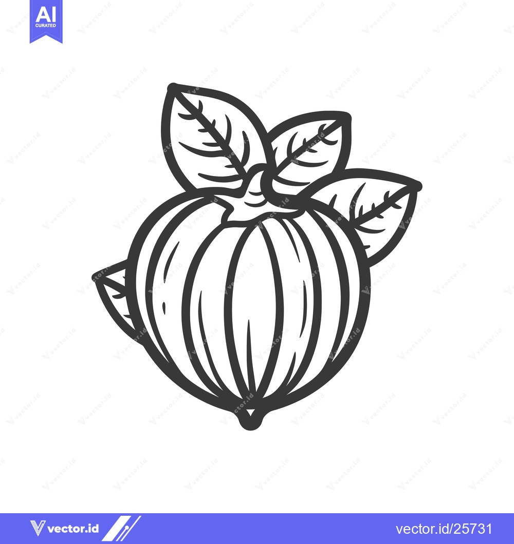 Premium Vector of Black and White Line Drawing of a Whole Pomegranate Fruit with Leaves