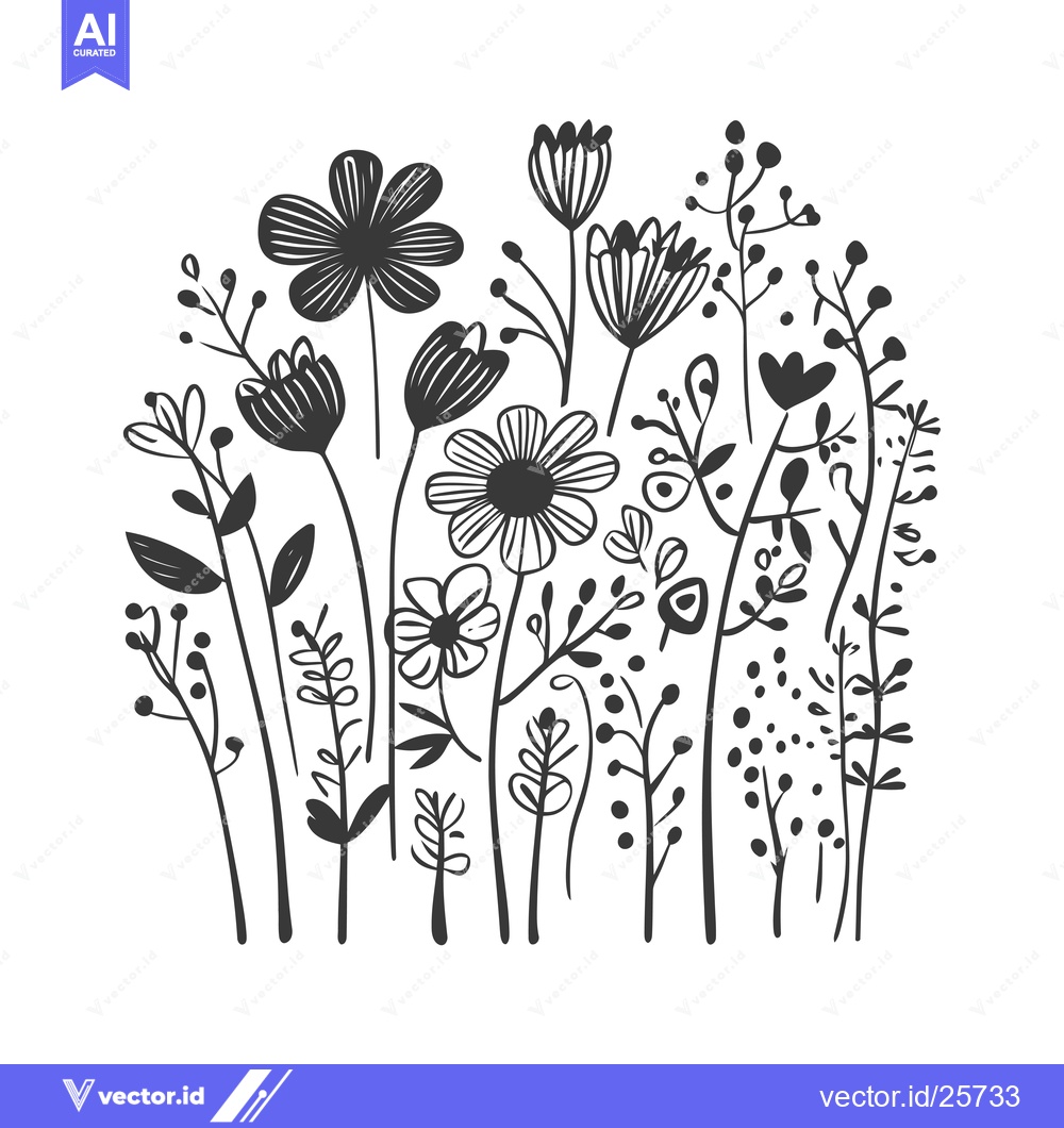 Premium Vector dari Black and White Line Drawing of a Wildflower Garden