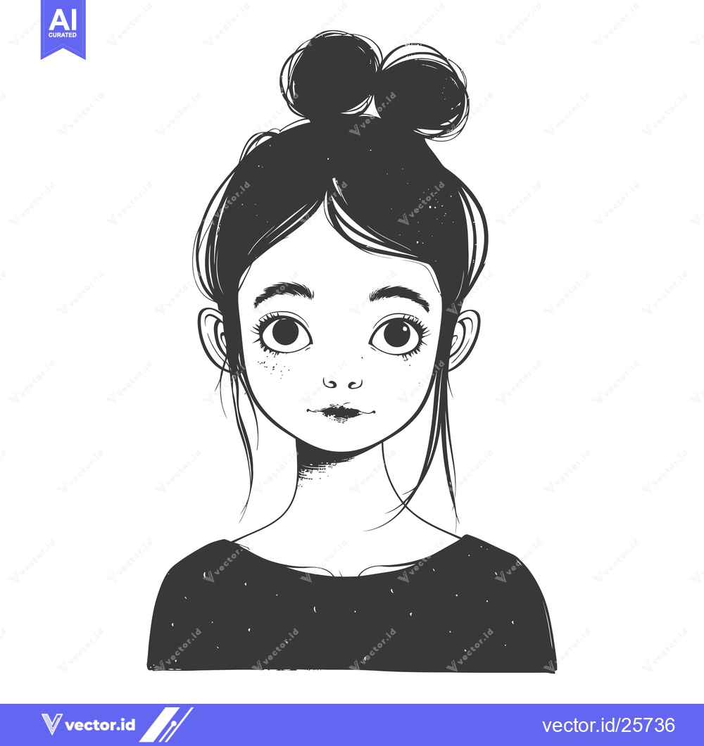 Premium Vector dari Black and White Line Drawing of a Young Woman with Buns