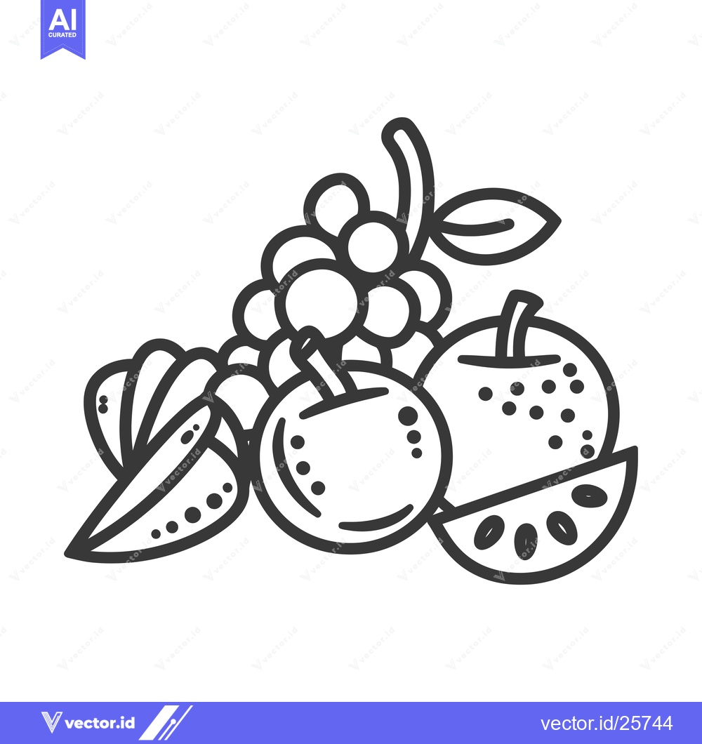 Premium Vector of Black and White Line Drawing of Grapes, an Apple, and Watermelon