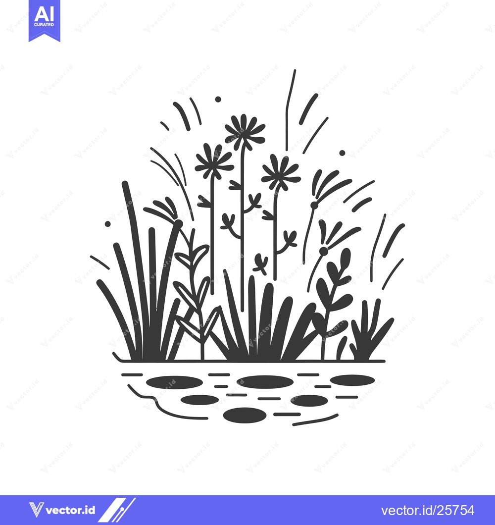 Premium Vector dari Black and White Line Drawing of Plants and Water