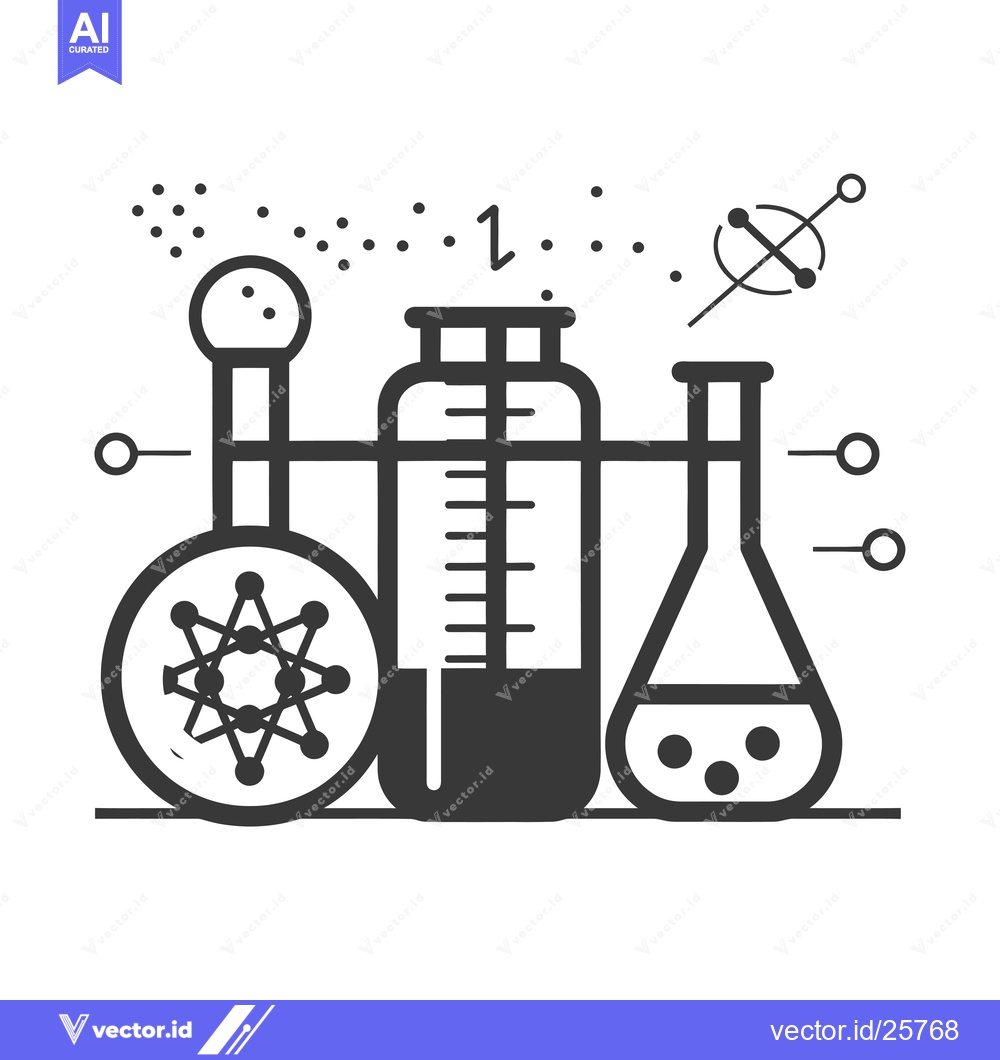 Premium Vector dari Black and White Line Drawing of Three Laboratory Flasks with a Molecul