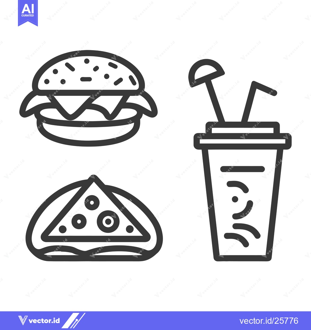 Premium Vector dari Black and White Line Drawings of a Burger, Pizza Slice, and a Drink
