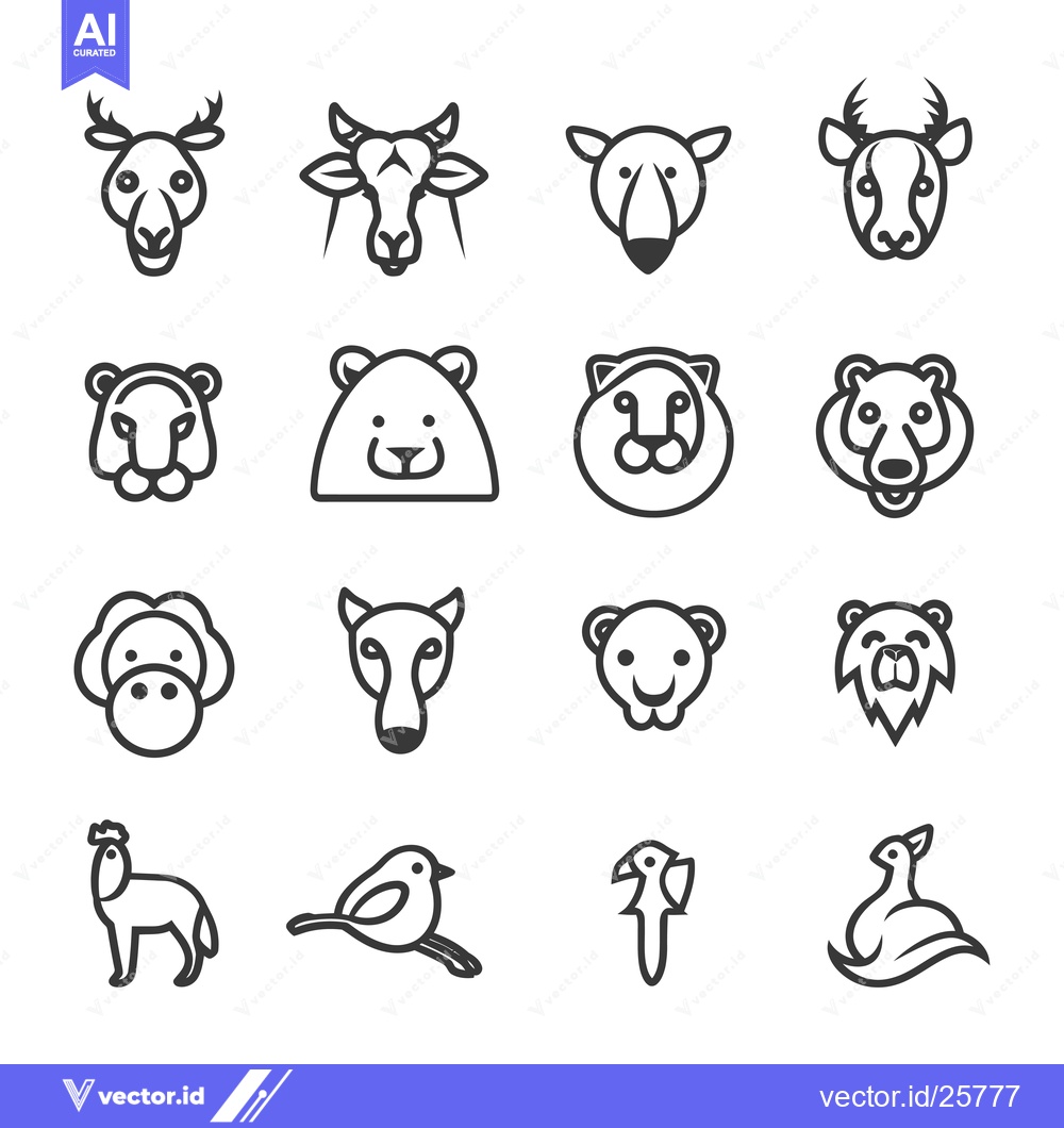 Premium Vector of Black and White Line Drawings of Animal Heads and Full Bodies