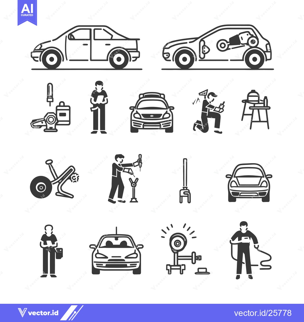 Premium Vector dari Black and White Line Drawings of Car Mechanics and Services