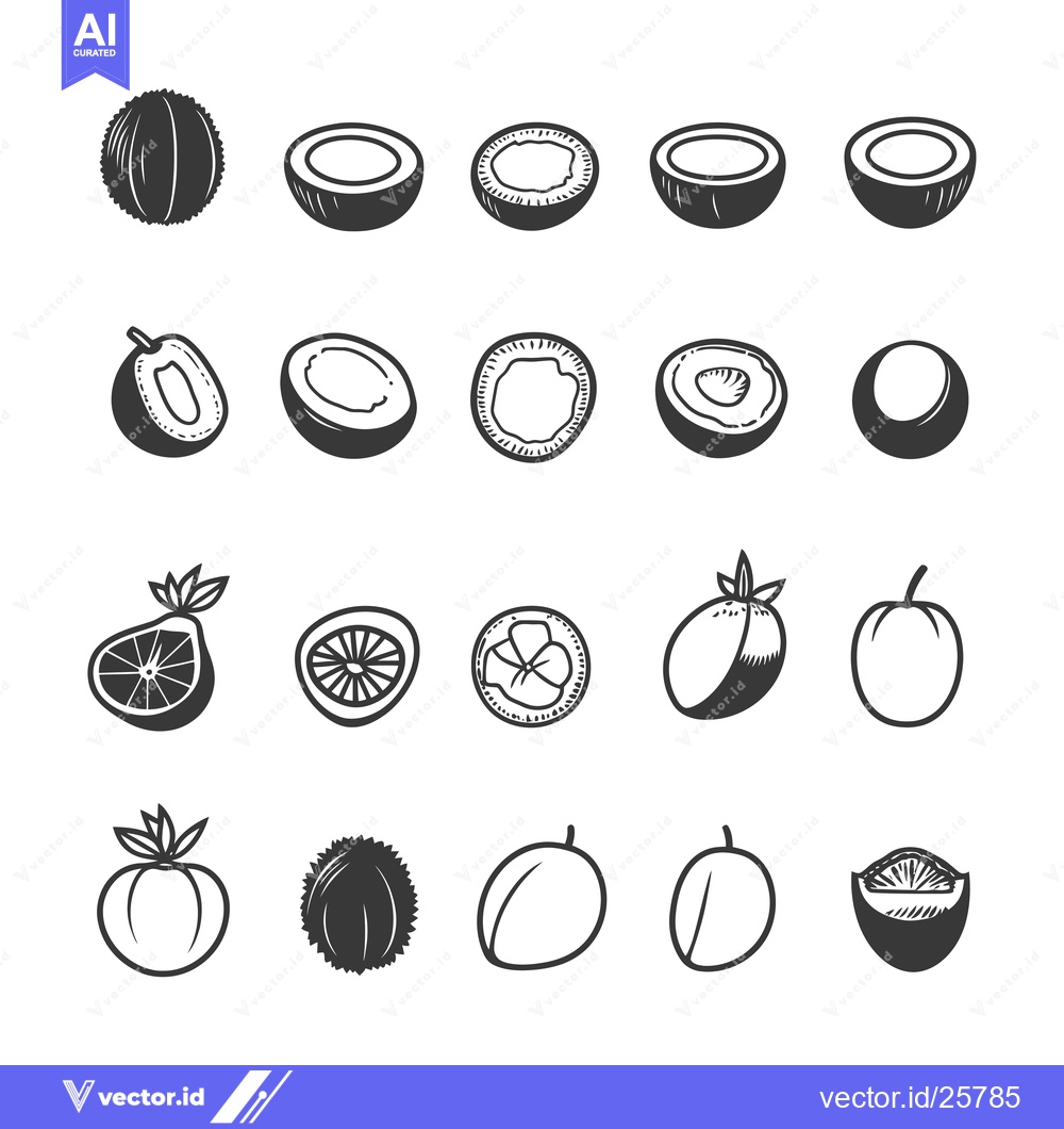 Premium Vector of Black and White Line Drawings of Whole and Cut Fruits