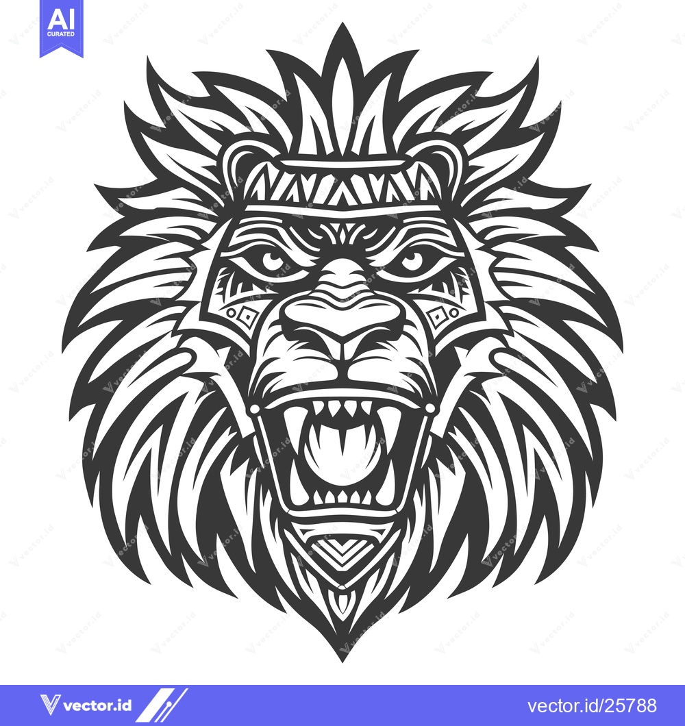Premium Vector dari Black and White Lion Head with Tribal Design