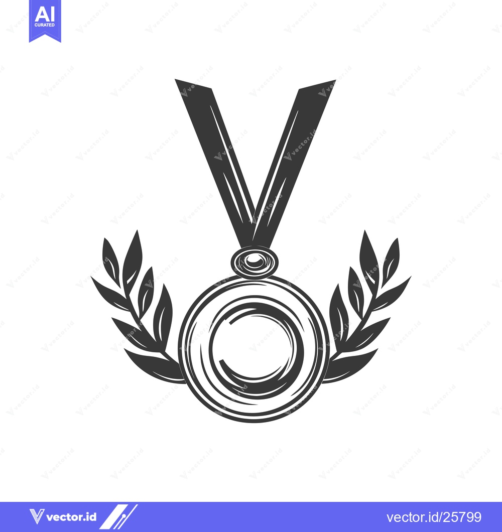 Premium Vector dari Black and White Medal with Ribbon and Laurel Wreaths