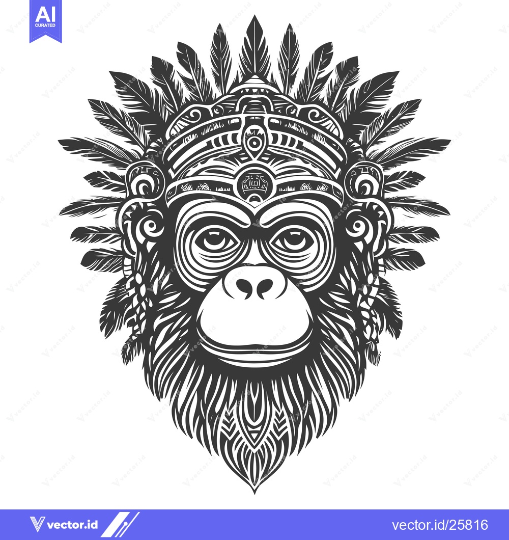 Premium Vector dari Black and White Ornamental Monkey Head with Feather Headdress