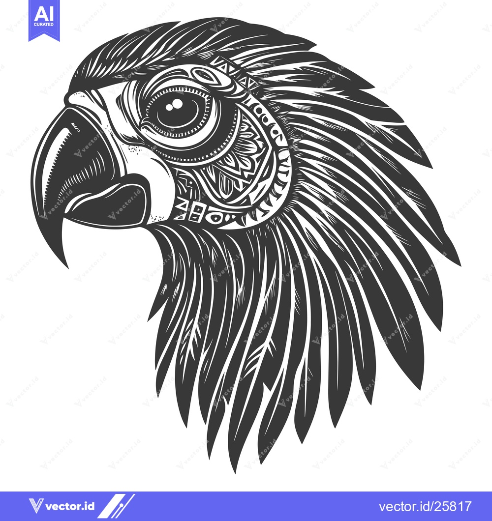 Premium Vector of Black and White Ornamental Parrot Head Illustration