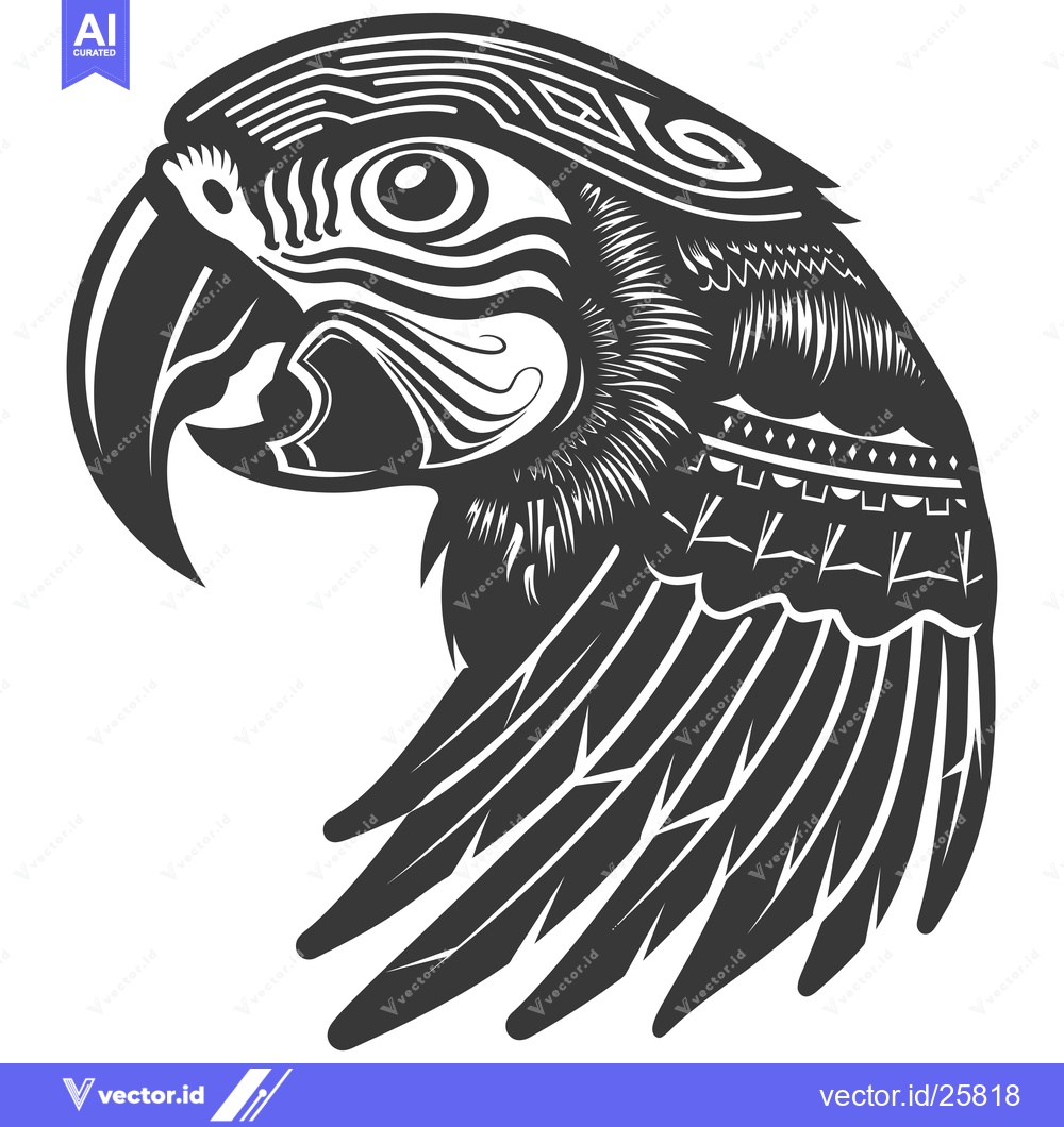 Premium Vector dari Black and White Ornamental Parrot Head with Spread Wing