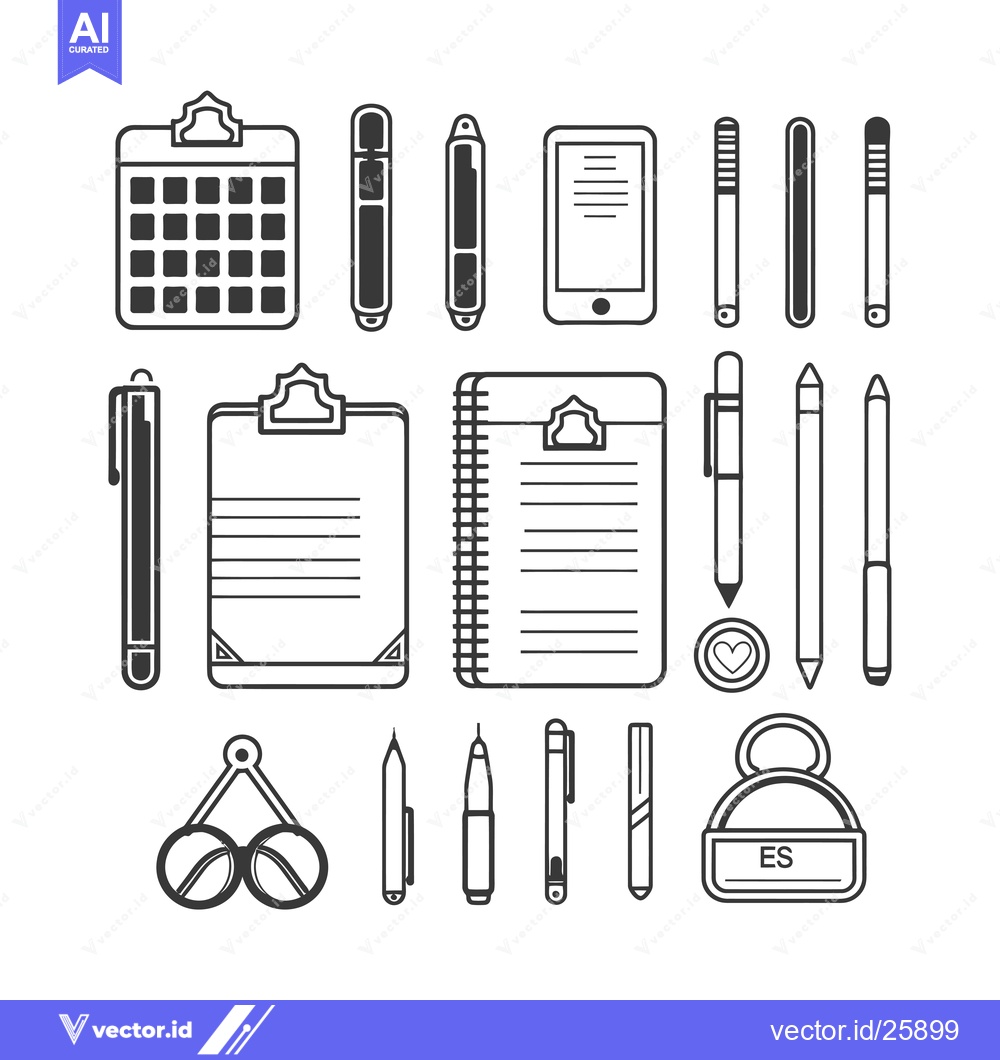 Premium Vector of Black and White Outline Icons of Office Supplies