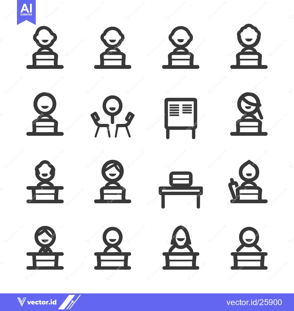 Premium Vector of Black and White Outline Icons of People at Desks