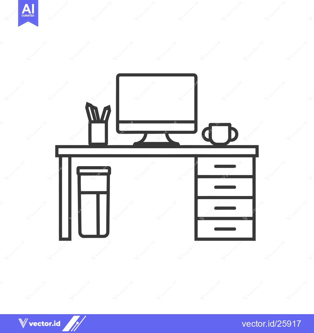 Premium Vector dari Black and White Outline Illustration of a Desk with a Computer, Cup, P