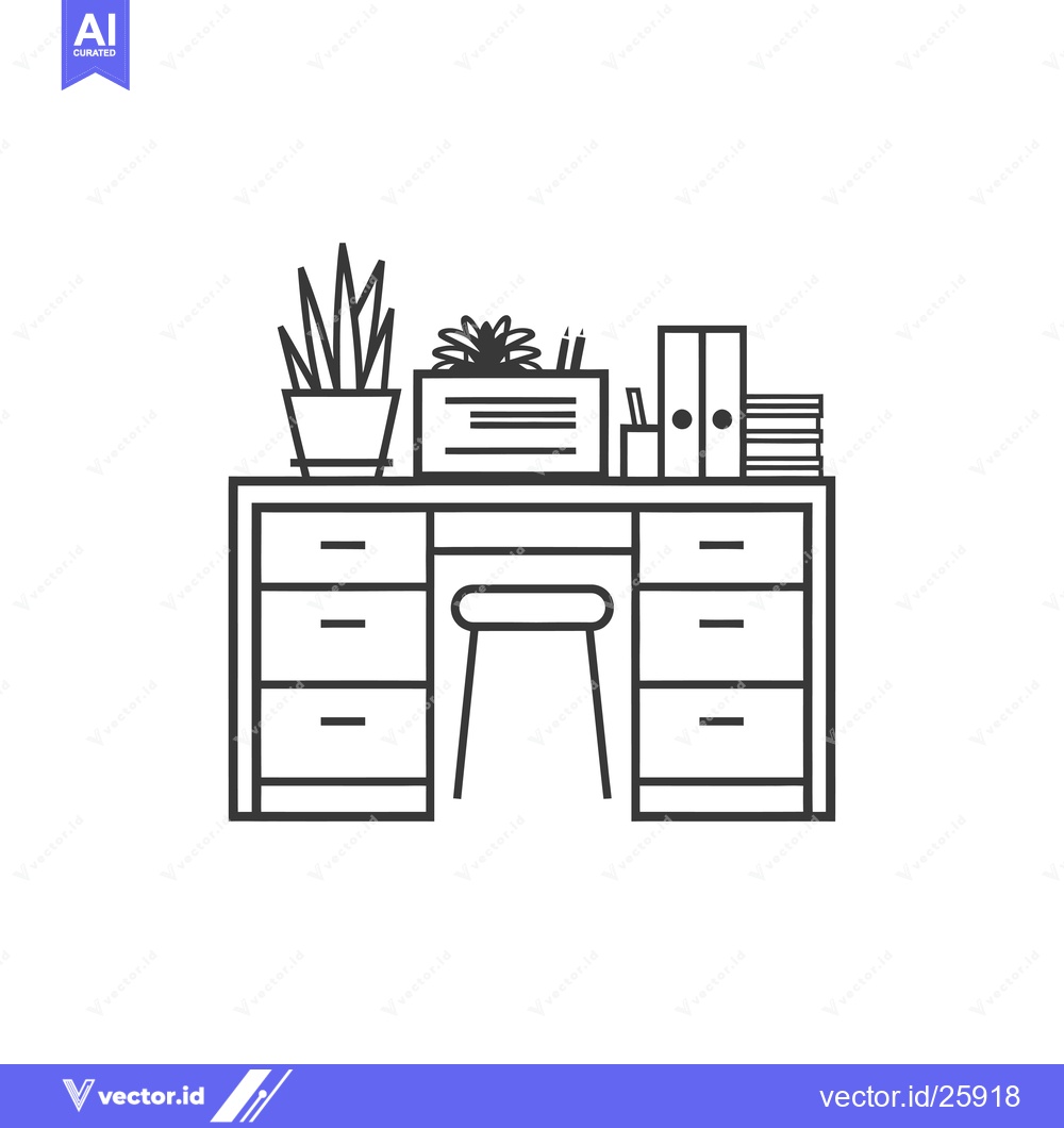 Premium Vector of Black and white outline illustration of a desk with drawers, a stool,