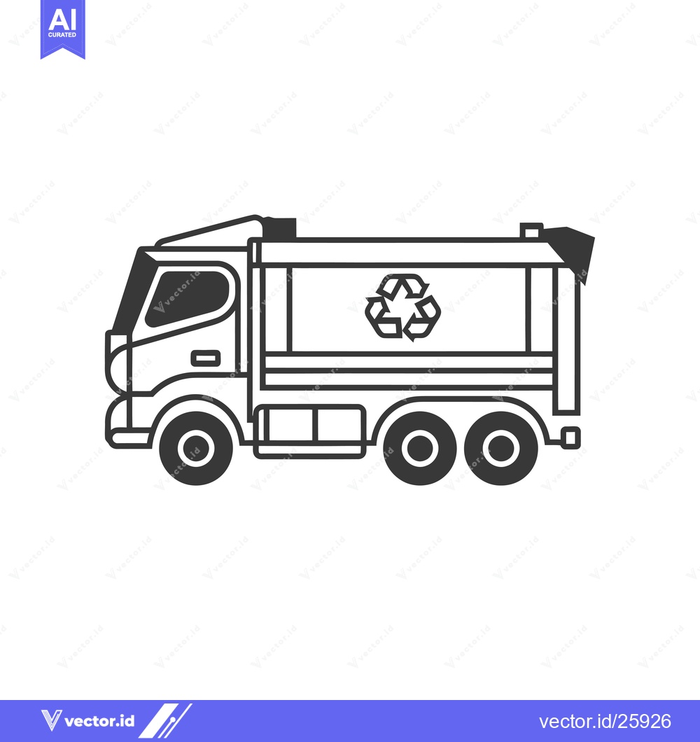 Premium Vector of Black and white outline illustration of a garbage truck with a recycle