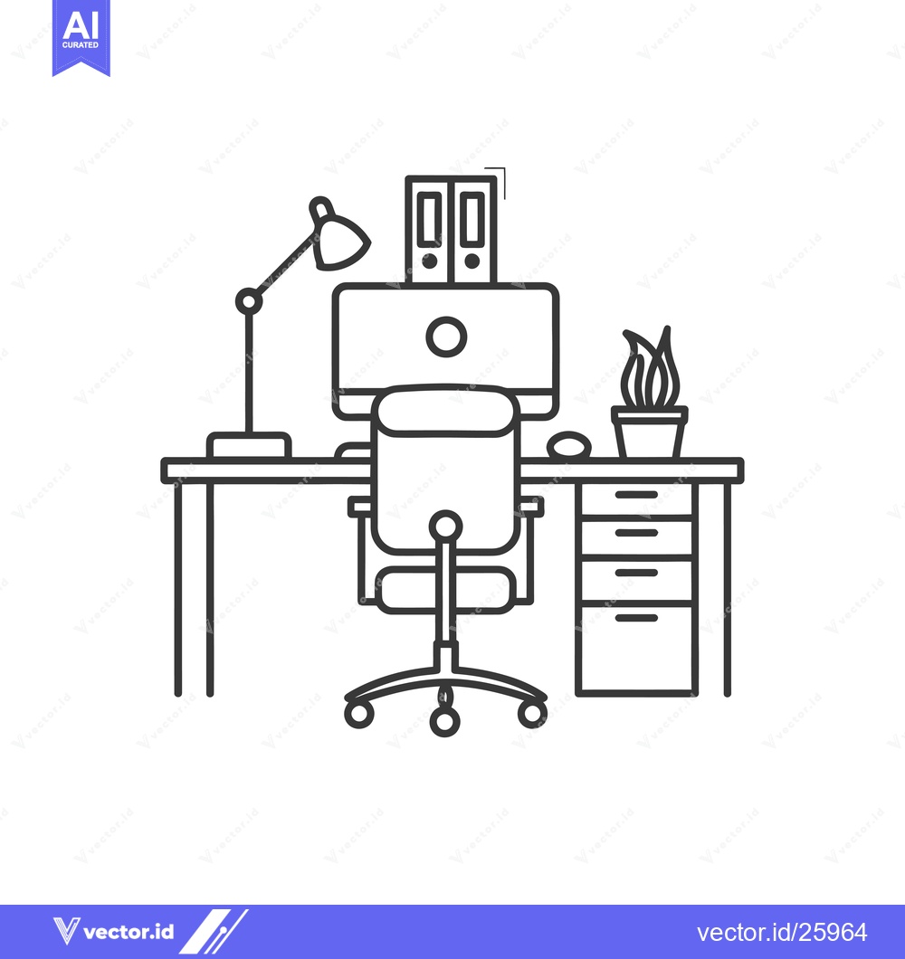 Premium Vector of Black and white outline illustration of a simple office workspace