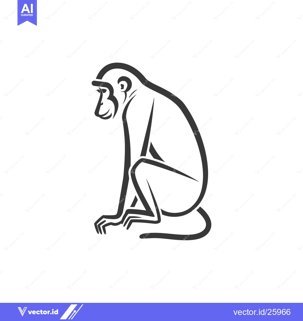 Premium Vector of Black and White Outline Illustration of a Sitting Monkey