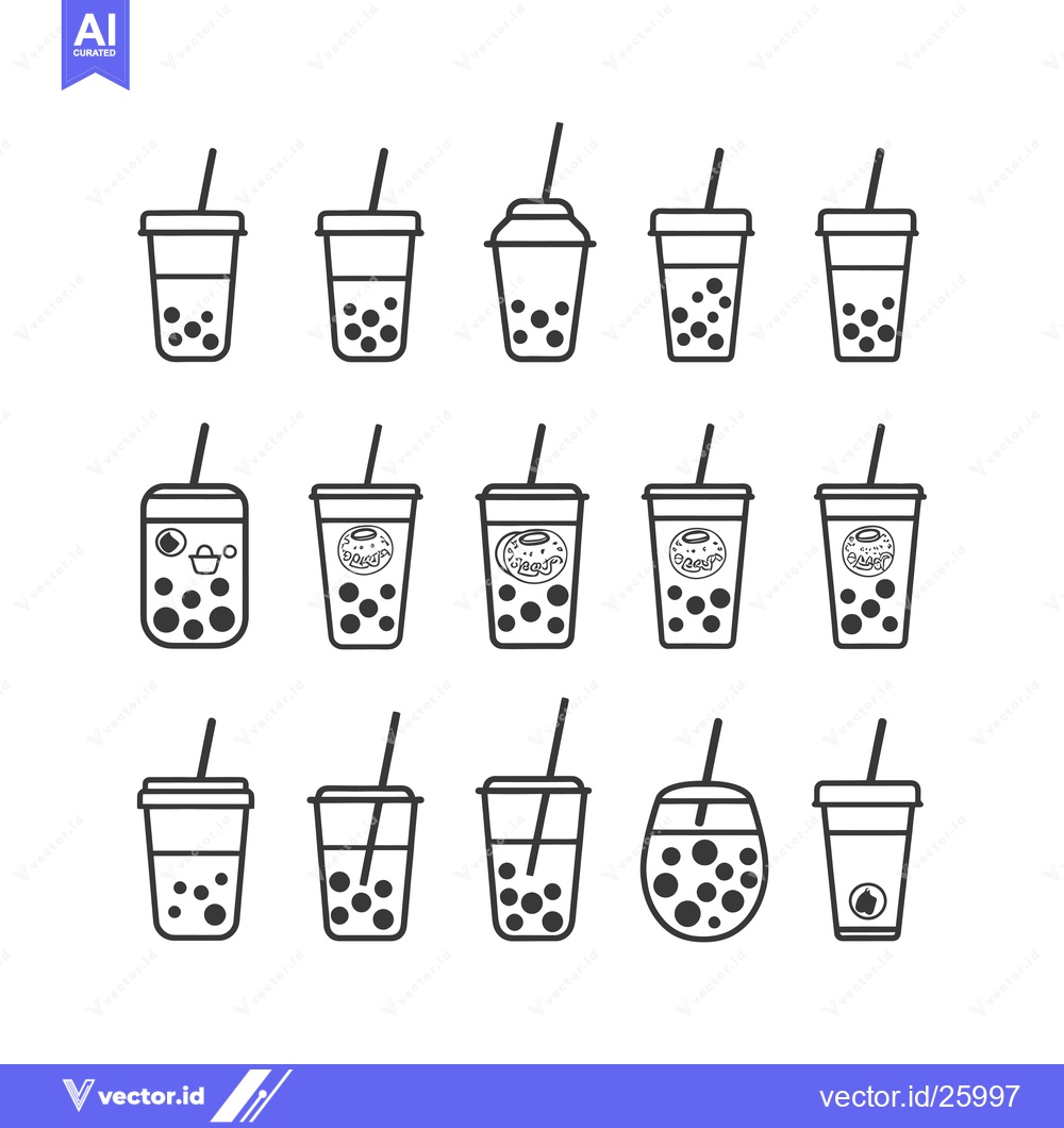Premium Vector dari Black and White Outline Illustrations of Bubble Tea Cups with Straws