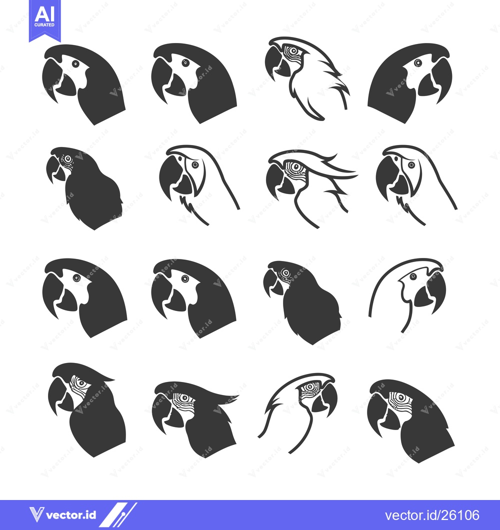 Premium Vector of Black and White Parrot Head Icons in Various Poses