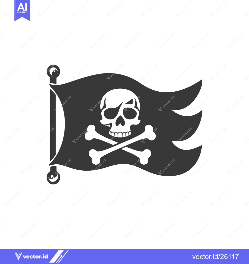 Premium Vector dari Black and White Pirate Flag with Skull and Crossbones