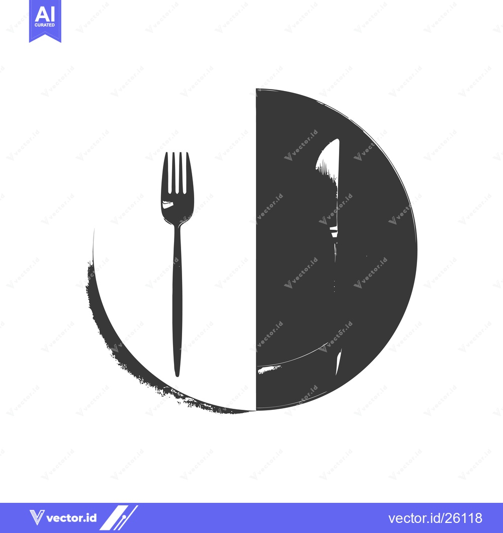Premium Vector dari Black and White Plate with Fork and Knife