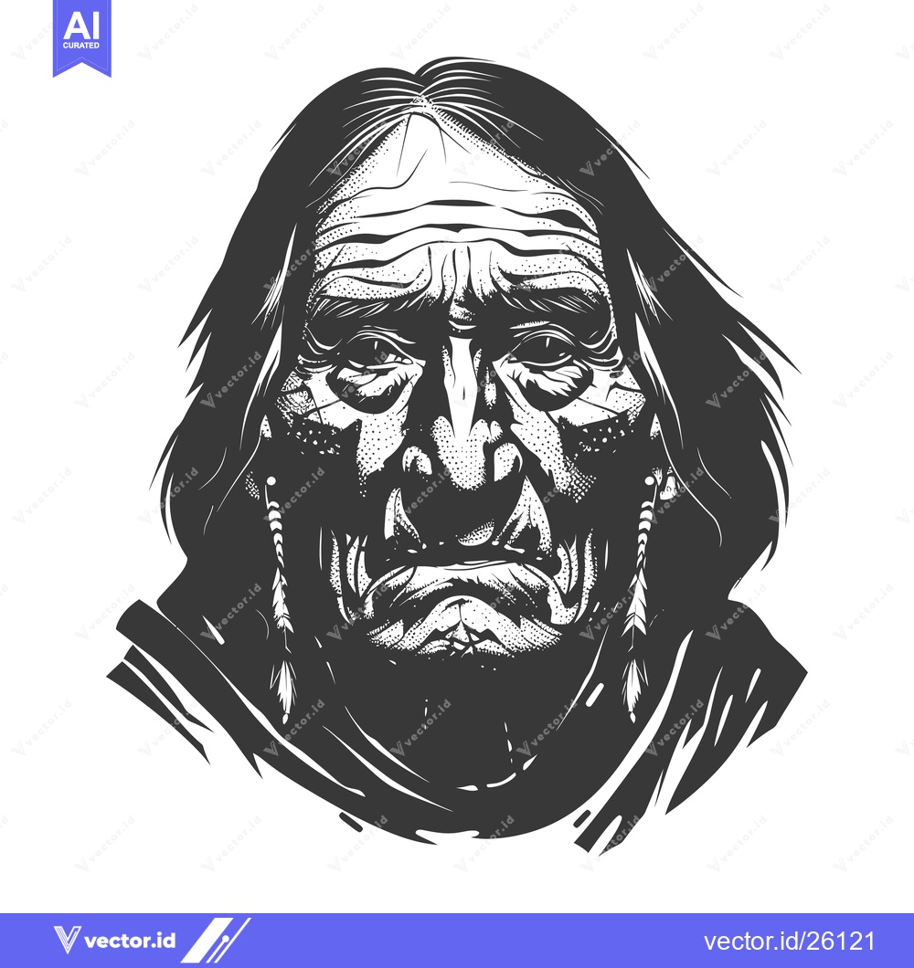 Premium Vector dari Black and White Portrait of an Elderly Native American Man with Feathe
