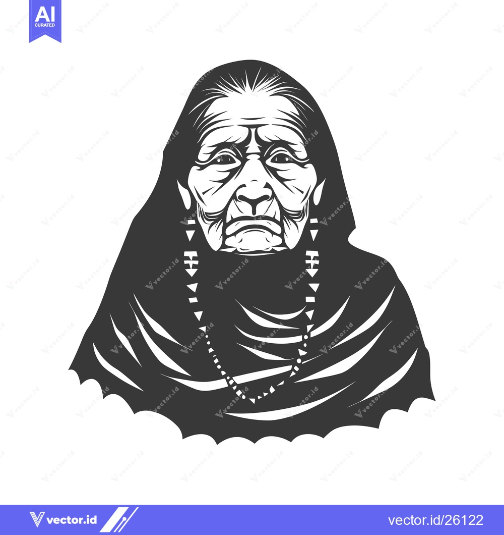 Premium Vector of Black and White Portrait of an Elderly Woman Wearing a Headscarf