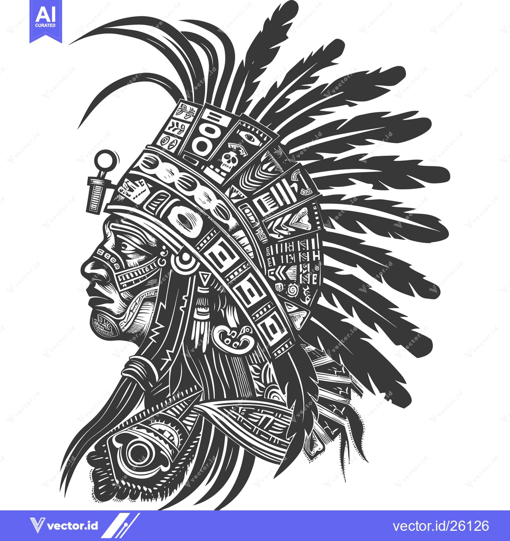 Premium Vector of Black and White Profile Illustration of a Native American Wearing a He