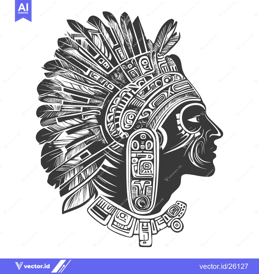 Premium Vector of Black and White Profile of an Indigenous Person with Feathers