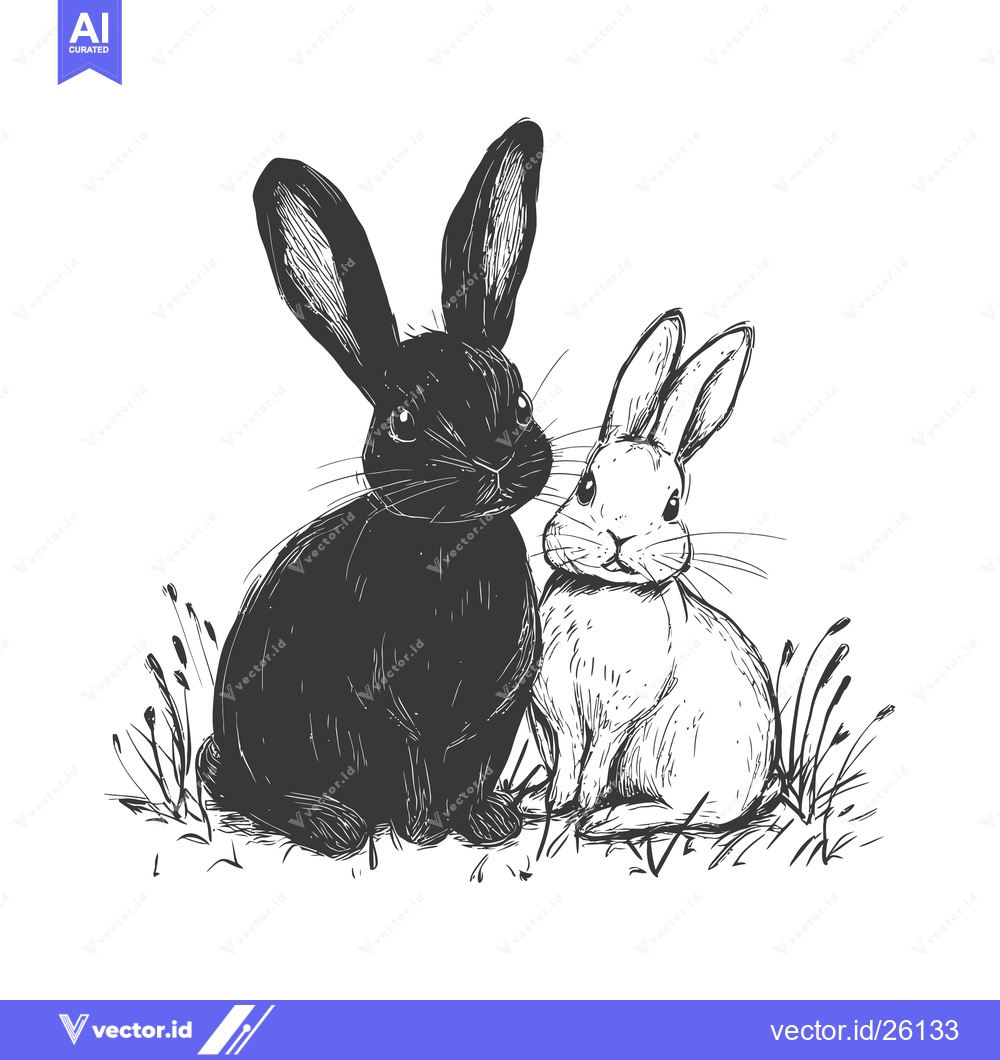 Premium Vector dari Black and White Rabbits Sitting in Grass