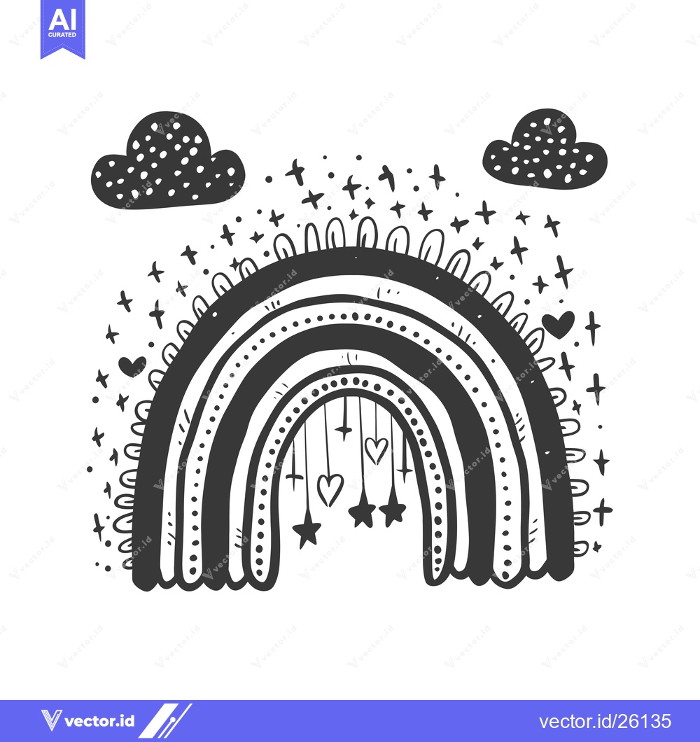 Premium Vector of Black and White Rainbow with Hanging Hearts and Stars