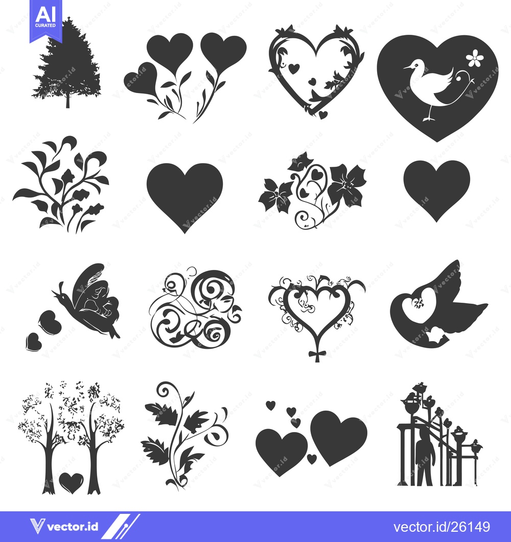 Premium Vector of Black and White Romantic and Nature Silhouettes with Hearts