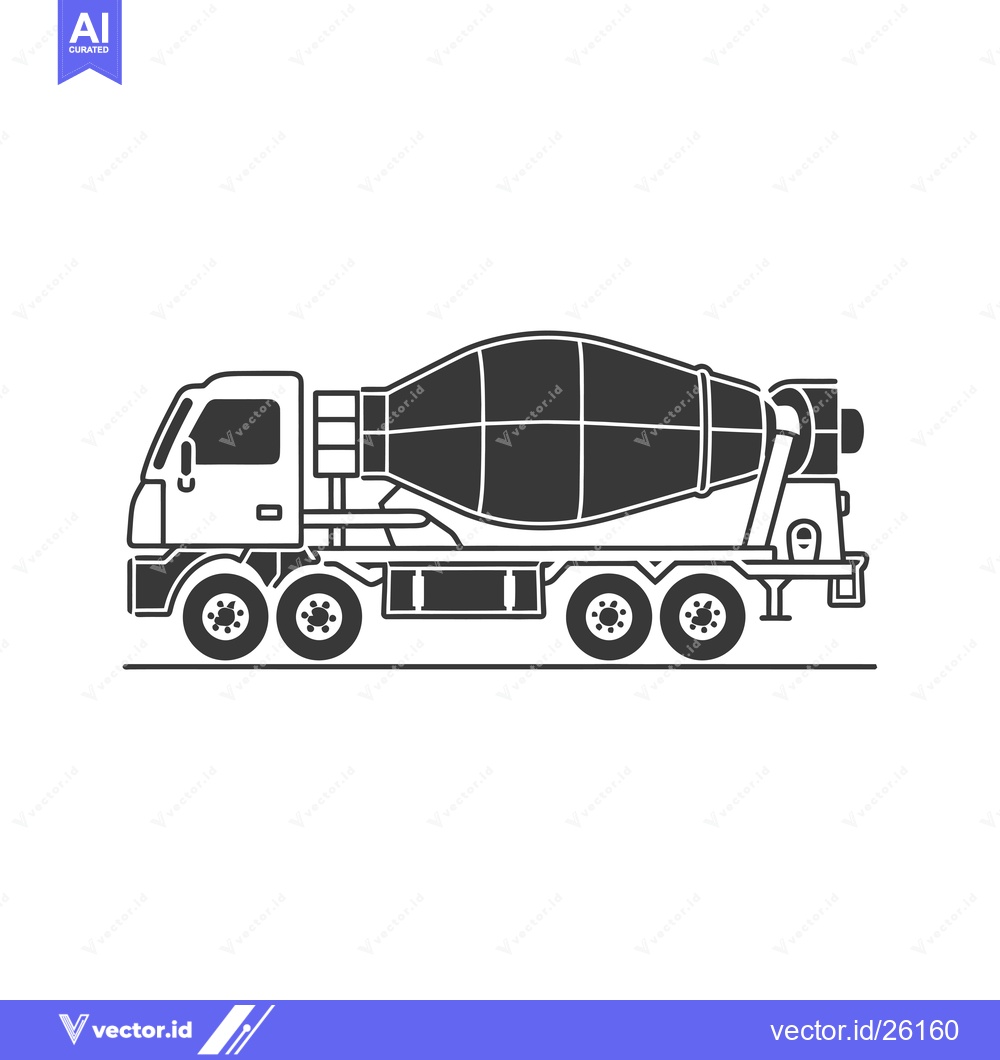 Premium Vector of Black and White Side View Illustration of a Concrete Mixer Truck