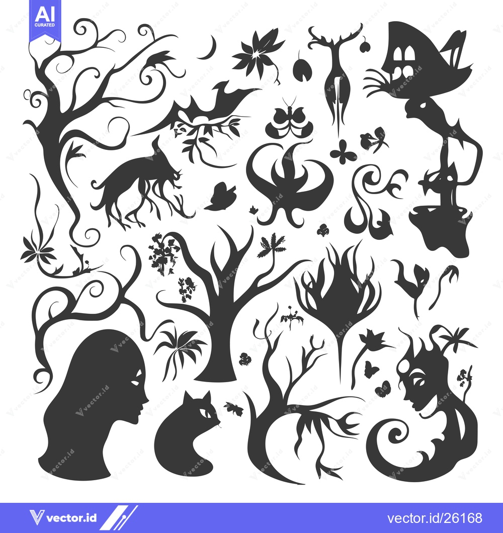 Premium Vector dari Black and White Silhouette Collection of Nature and Fantasy Elements
