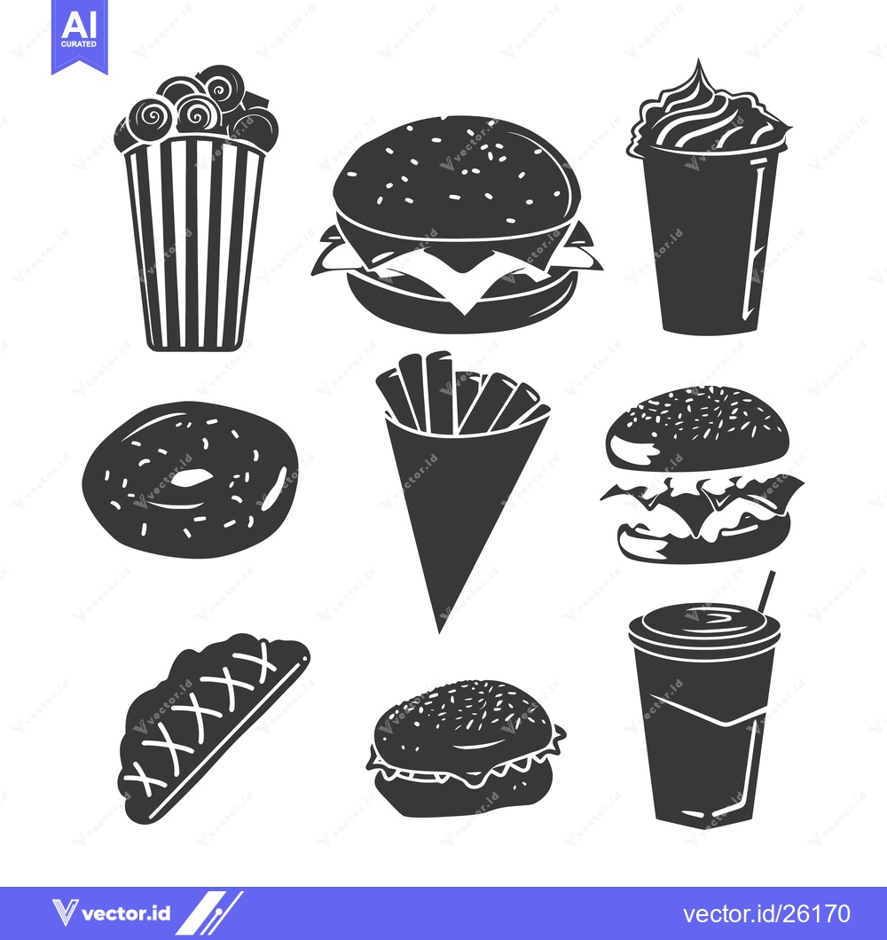 Premium Vector of Black and White Silhouette Icons of Fast Food