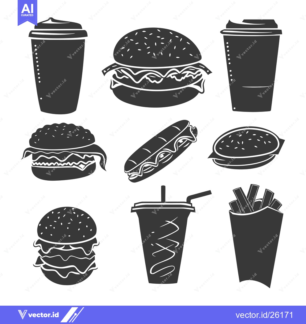 Premium Vector dari Black and White Silhouette Icons of Fast Food Items