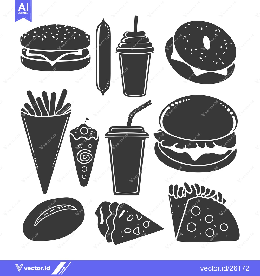 Premium Vector dari Black and White Silhouette Icons of Fast Food Items