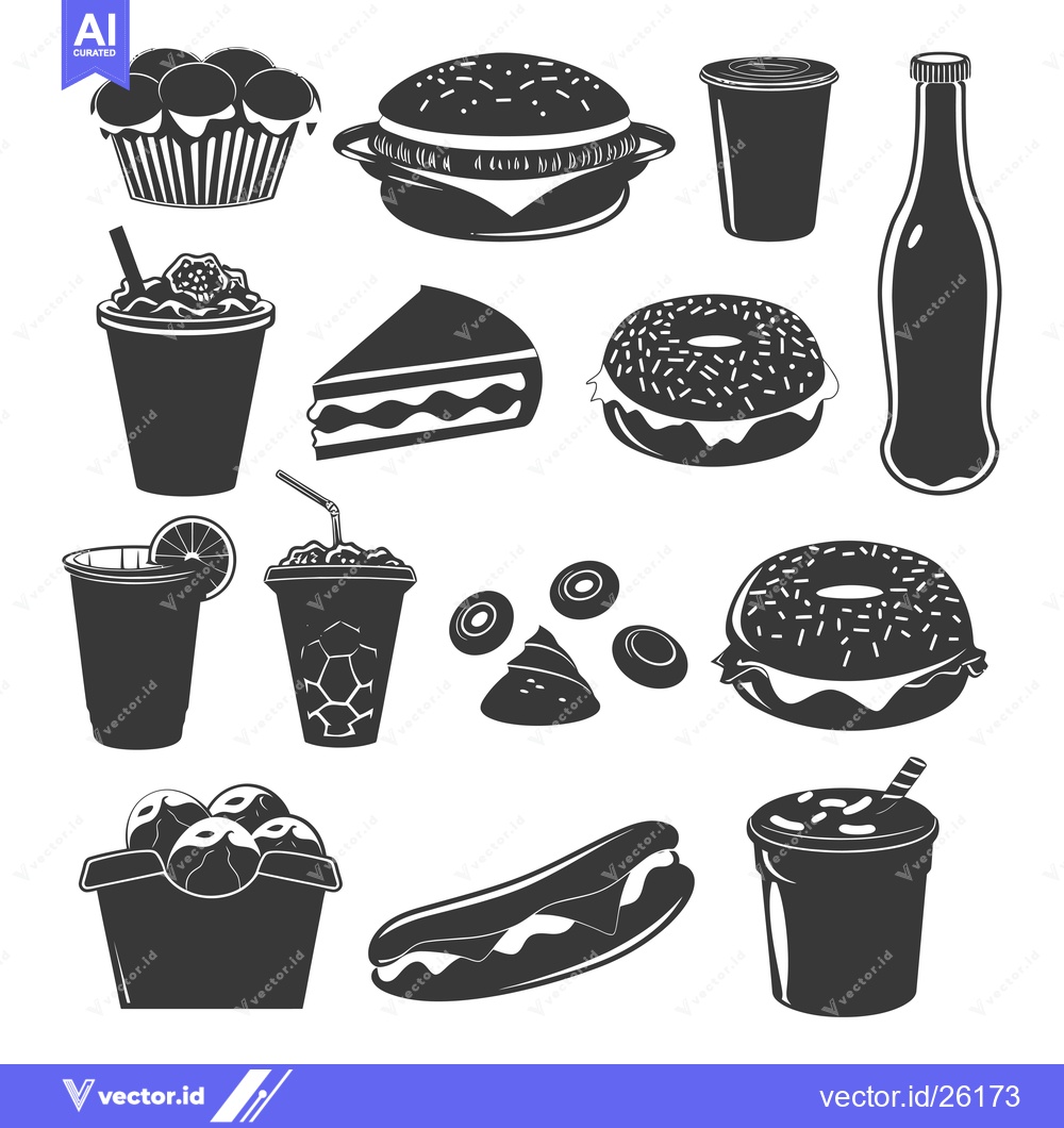 Premium Vector dari Black and White Silhouette Icons of Fast Food Items