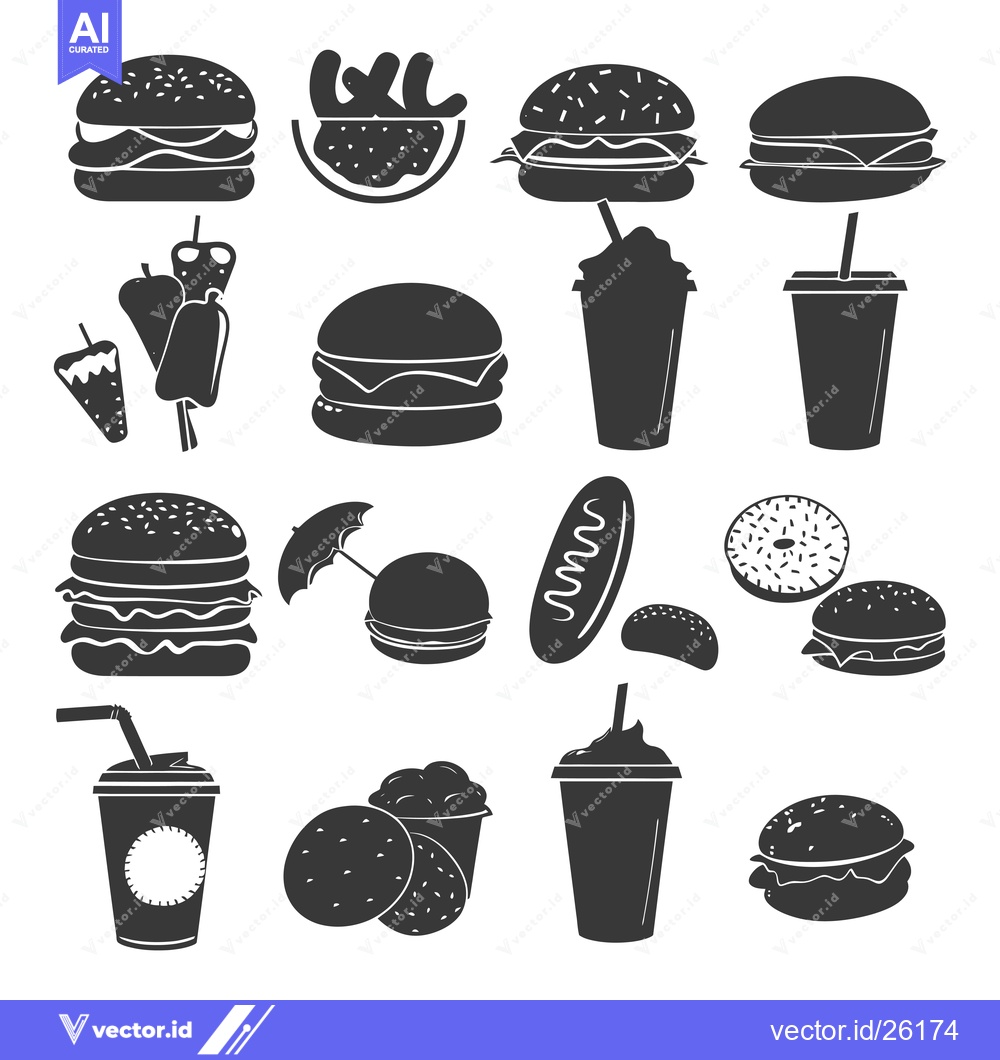 Premium Vector of Black and White Silhouette Icons of Fast Food Items