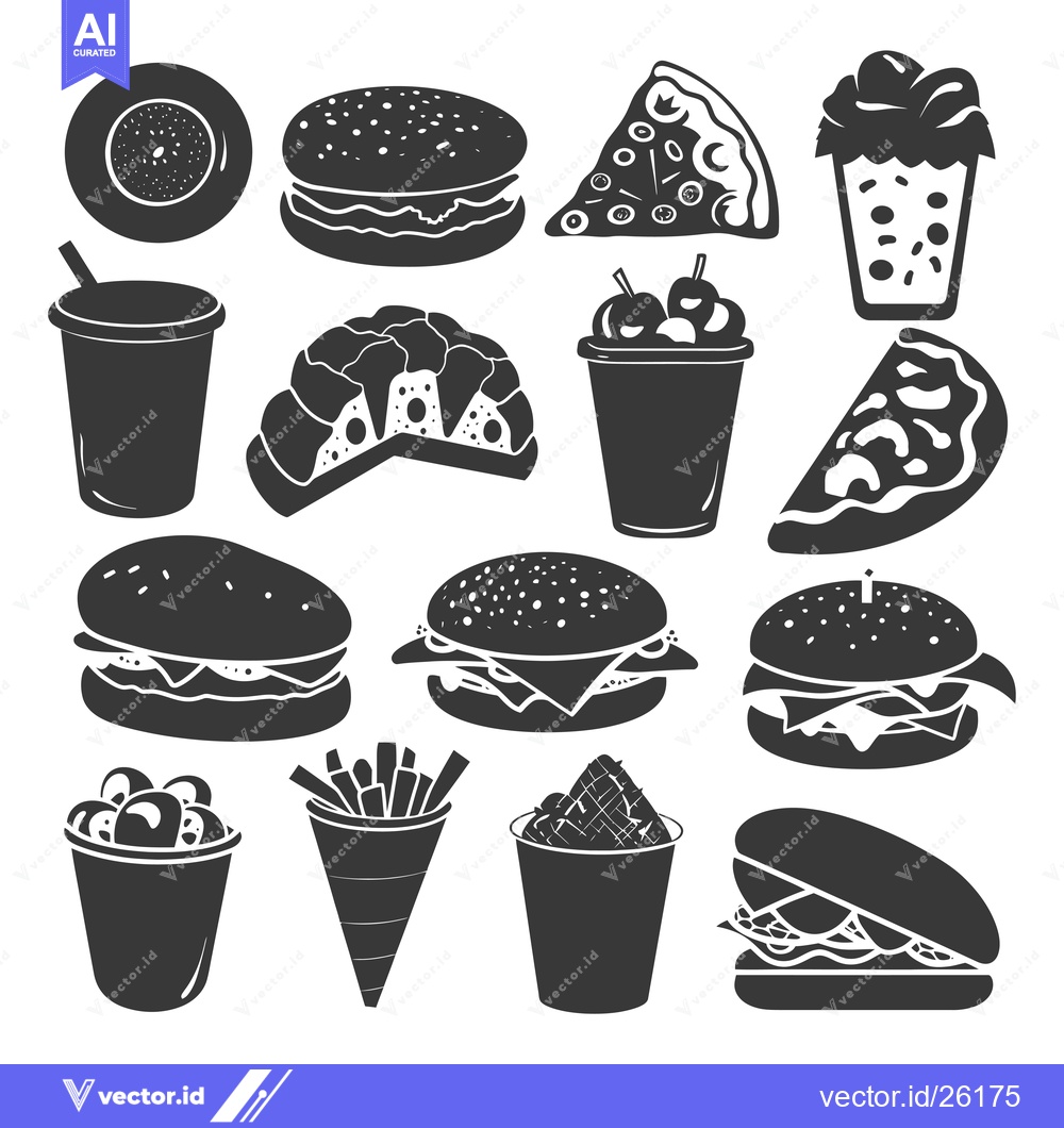 Premium Vector of Black and White Silhouette Icons of Fast Food Items